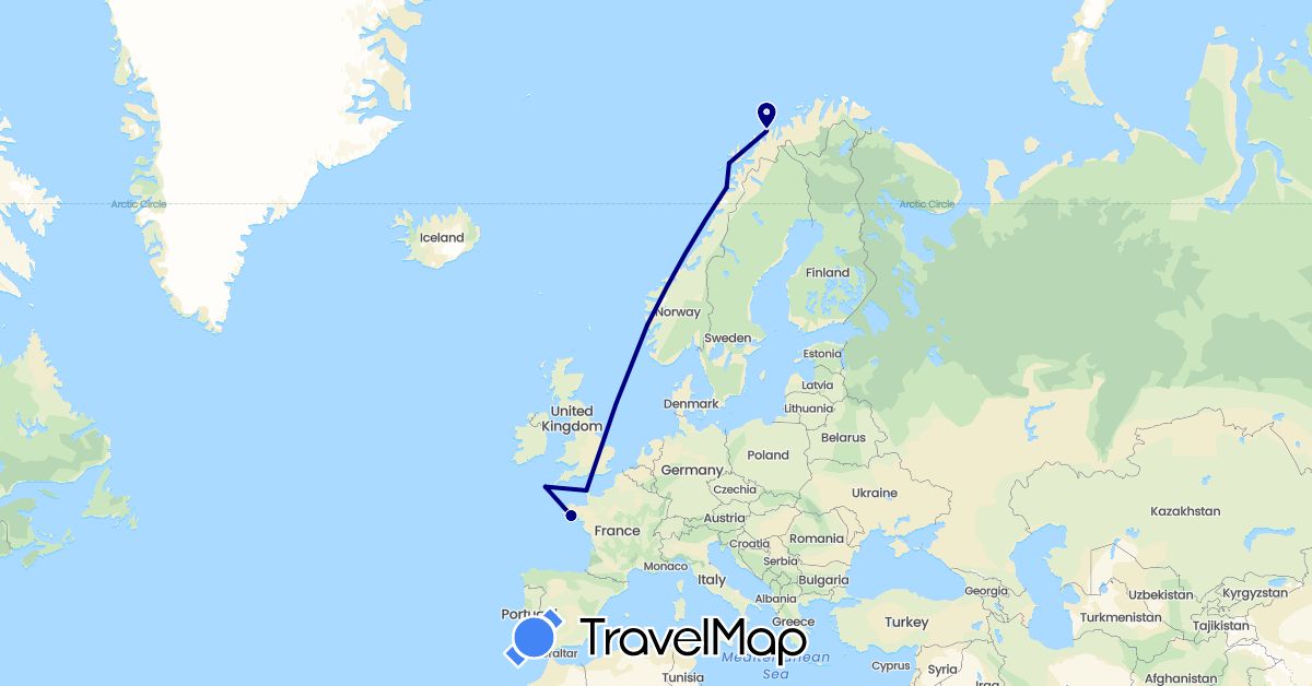 TravelMap itinerary: driving in France, United Kingdom, Norway (Europe)